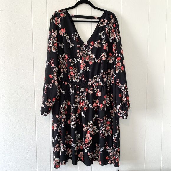 Ann Taylor Loft Womens 26 Plus Dress Black Long Sleeve Floral V Neck New - Picture 1 of 7